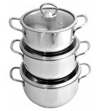 Ekonomi Dünyası Cam Kapaklı Çelik Tencere Seti 3'lü Tencere Güveç Set 14-16-cm