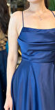 Lacivert İp Askılı  Sırt Dekolteli  Kloş Etekli Saten Uzun Abiye Elbise 7764