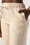 Kadın Beli Lastikli Bol Paça %100 Keten Beli Detaylı Pantolon