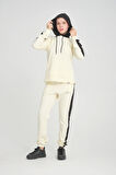 Kadın Iki Iplik Yan Siyah Seritli Kapüşonlu Kanguru Cepli Paça Lastikli Ekru Eşofman Takımı - 7775