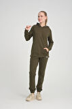 Kadın Iki Iplik Kapüşonlu Kanguru Cepli Paça Lastikli Haki Eşofman Takımı - 7775