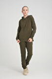 Kadın Iki Iplik Kapüşonlu Kanguru Cepli Paça Lastikli Haki Eşofman Takımı - 7775