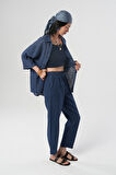 KADIN İNDİGO RENK TEK CEPLİ TRUVAKAR KOLLU %100 KETEN GÖMLEK