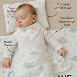 %100 Müslin Pamuk Hastane Çıkış Seti | 3 Parça | Yastık 25x25,Örtü 60x60,Fular 20x20 | Unisex Desen