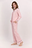 Kadın Pembe Çizgili  Önden Düğmeli  Pijama Takımı .P.İ.E..R.O.Z..8..E.L.T.7.