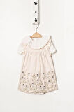 Kız Bebek Bej Çiçek İşlemeli Elbise  Fırfıtlı Yaka Gömlekli  Takım