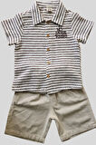 2'li Erkek Çocuk Kahve Çizgili Desenli Gömlek Bej Sortlu Keten Takım