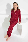 Kız Çocuk Kalp Desenli Düğmeli Uzun Kollu  Pijama Takımı