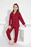 Kız Çocuk Kalp Desenli Düğmeli Uzun Kollu  Pijama Takımı
