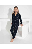 Kız Çocuk Kalp Desenli Düğmeli Uzun Kollu  Pijama Takımı