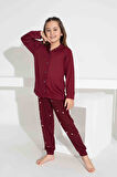 Kız Çocuk Yakası Kalp Desenli Düğmeli Uzun Kollu  Pijama Takımı
