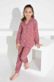 Kız Çocuk Kalp Desenli Düğmeli Uzun Kollu  Pijama Takımı