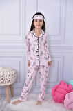 Kız Çocuk Düğmeli Desenli Uzun Kollu Pijama Takımı