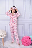 Kız Çocuk Düğmeli  Desenli Uzun Kollu Pijama Takımı