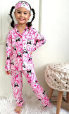 Kız Çocuk Düğmeli Pembe Kedi Desenli Uzun Kollu Pijama Takımı