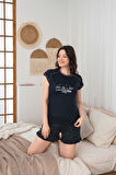 Kadın Düğmesiz Bisiklet Yaka Yazlık Kısa Kollu Mini Şortlu Pijama Takımı