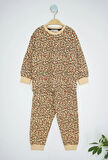 Leopar Kalp Desenli Kahverengi %95 Pamuk Uzun Kollu Kız Çocuk Pijama Takımı (3,4,5,6,7,8 Yaş)