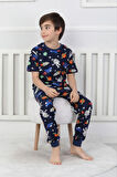 Galaxy ve Astronot Baskılı %100 Pamuk Kısa Kol Uzun Alt Erkek Pijama Takımı (3,4,5,6,7,8 Yaş)