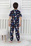 Galaxy ve Astronot Baskılı %100 Pamuk Kısa Kol Uzun Alt Erkek Pijama Takımı (3,4,5,6,7,8 Yaş)