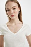 DeFacto Coool Fitted V Yaka Ribana Basic Düz Kısa Kollu Tişört D4243AX24HSWT32