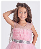 Sapes Model Sırt Gipeli Tüllü Kız Çocuk Askılı Saten Abiye MNK0618