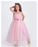 Sapes Model Sırt Gipeli Tüllü Kız Çocuk Askılı Saten Abiye MNK0618