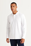 Erkek Beyaz Standart Fit Normal Kesim 3 Iplik Içi Polarlı %100 Pamuk Polo Yaka Sweatshirt