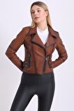 Kadın Hakiki Deri Biker Vintage Mont