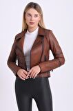 Kadın Hakiki Deri Biker Vintage Mont