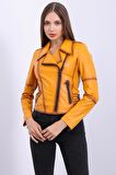 Kadın Hakiki Deri Biker Vintage Mont