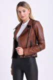 Kadın Hakiki Deri Biker Vintage Mont