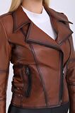 Kadın Hakiki Deri Biker Vintage Mont