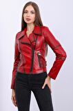 Kadın Hakiki Deri Biker Vintage Mont