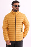 Erkek Rüzgar Geçirmez Taşınabilir Çantalı Sıcak Tutan Elyaf Dolgulu Hafif Şişme Sarı Mont | XL