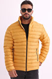 Erkek Rüzgar Geçirmez Taşınabilir Çantalı Sıcak Tutan Elyaf Dolgulu Hafif Şişme Sarı Mont | XL