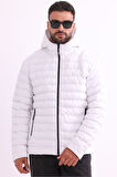 Erkek Beyaz Rüzgar Geçirmez Kapüşonlu Taşınabilir Çantalı Elyaf Dolgulu Hafif Spor Mont | 2XL