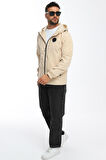 Erkek Astarlı Rüzgara Dayanıklı Kapüşonlu Bej Yağmurluk - Rüzgarlık | S