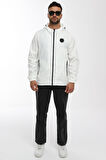 Erkek Astarlı Rüzgara Dayanıklı Kapüşonlu Beyaz Yağmurluk - Rüzgarlık | L
