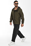 Erkek Astarlı Rüzgara Dayanıklı Kapüşonlu Haki Yağmurluk - Rüzgarlık | S