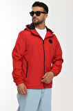 Erkek Astarlı Rüzgara Dayanıklı Kapüşonlu Kırmızı Yağmurluk - Rüzgarlık | L
