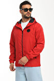 Erkek Astarlı Rüzgara Dayanıklı Kapüşonlu Kırmızı Yağmurluk - Rüzgarlık | 2XL