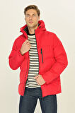 Erkek Kırmızı Elyaflı Kapüşonlu Rüzgar Geçirmez Şişme Kışlık Mont | 2XL