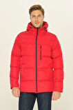 Erkek Kırmızı Elyaflı Kapüşonlu Rüzgar Geçirmez Şişme Kışlık Mont | 2XL