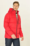 Erkek Kırmızı Elyaflı Kapüşonlu Rüzgar Geçirmez Şişme Kışlık Mont | 2XL