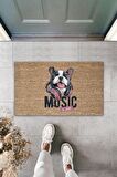 Dijital Baskı Kalitesi Kahverengi Music Yazılı Kulaklıklı Köpek Dekoratif Kapı Paspası