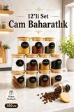 12'li Çizgili Cam Baharatlık Seti - Etiket Hediyeli Ahşap Kapaklı Organizer Baharat Saklama Kabı Çerezlik 350ml