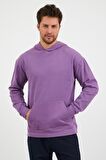 Erkek Kanguru Cepli Rahat Kalıp Kapüşonlu Spor Sweatshirt Mor