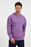 Erkek Kanguru Cepli Rahat Kalıp Kapüşonlu Spor Sweatshirt Mor