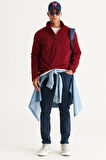 Erkek Bordo Standart Fit Normal Kesim Fermuarlı Bato Yaka Isı Koruyan Polar Sweatshirt