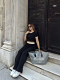 Crop pantolon biyeli takım siyah